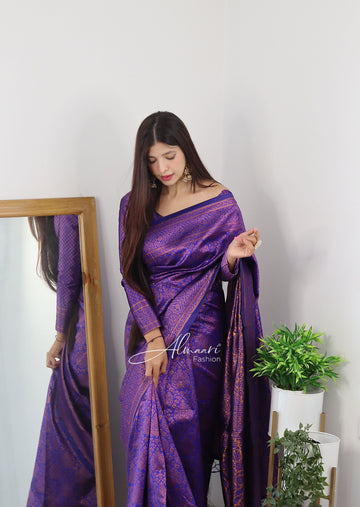 Violet Pure Soft Silk Saree With Tempting Heavy Brocade Blouse Piece