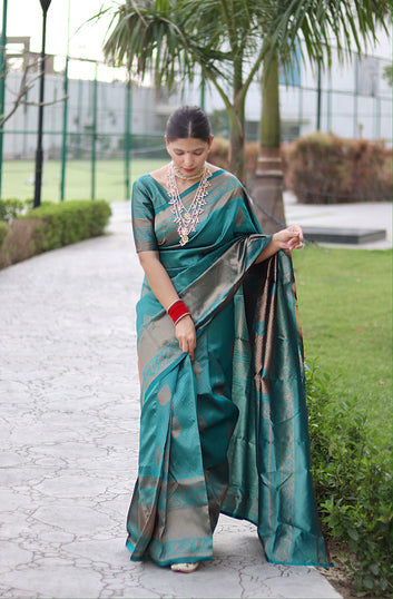 Rama Pure Soft Silk Saree Weaved With Copper Zari With Imbrication Blouse Piece