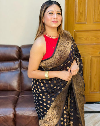Black Pure Soft Silk Saree With Lovely Blouse Piece