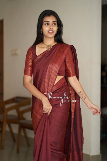 Maroon Semi Silk Saree Weaved With Copper Zari With Attached Heavy Brocade Blouse