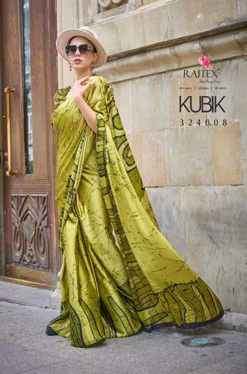 Pure Satin Crape Multi Coloured Printed Saree Comes With Attached Blouse