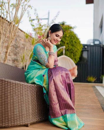 Phenomenal Magenta & Firozi Pure Soft Silk Saree With Imbrication Blouse Piece