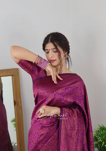 Staring Purple Pure Soft Silk Saree With Tempting Heavy Brocade Blouse Piece
