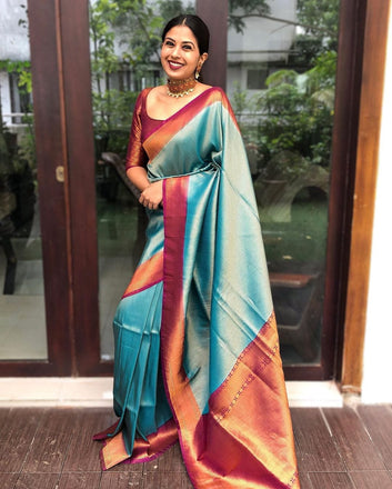 Rama & Maroon Pure Soft Silk Saree With Twirling Blouse Piece