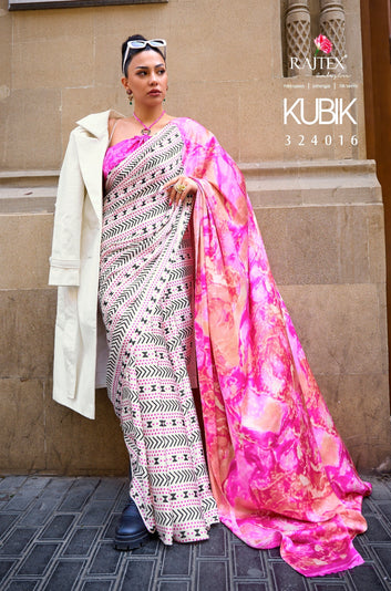Pure Satin Crape Multi Coloured Printed Saree Comes With Attached Blouse