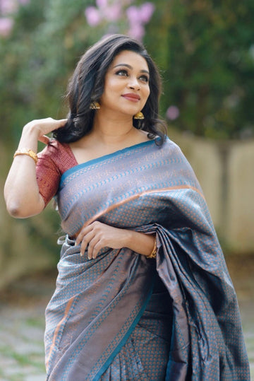 Dark Firozi Saree With Maroon Combination Comes With Attached Blouse
