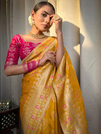 Yellow Pure Soft Silk Saree With Twirling Blouse Piece