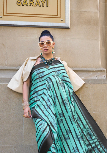 Pure Satin Crape Multi Coloured Printed Saree Comes With Attached Blouse