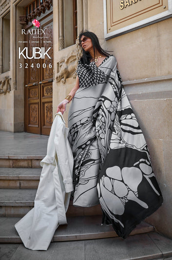 Pure Satin Crape Multi Coloured Printed Saree Comes With Attached Blouse