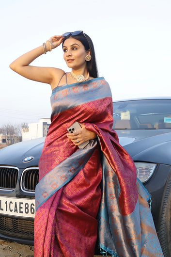 Magenta Soft Semi-Silk Saree With Engrossing Maroon Blouse Piece