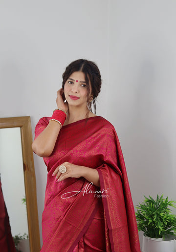 Staring Dark Peach Pure Soft Silk Saree With Tempting Heavy Brocade Blouse Piece