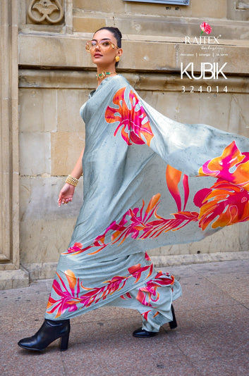 Pure Satin Crape Multi Coloured Printed Saree Comes With Attached Blouse