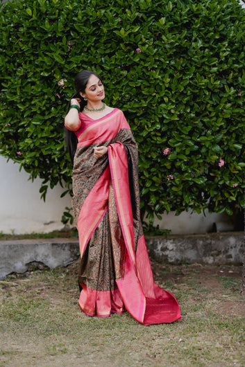 Dark Green With Peach Pure Soft Semi Silk Saree With Attractive Blouse Piece
