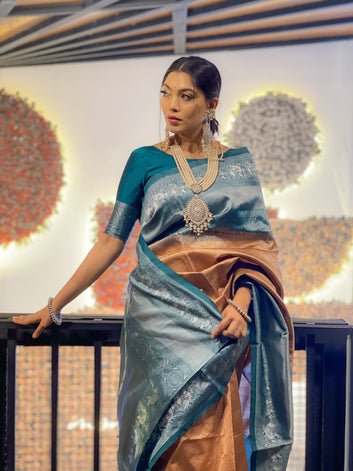 Peach & Firozi Pure Soft Silk Saree With Attractive Blouse Piece