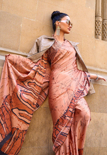 Pure Satin Crape Multi Coloured Printed Saree Comes With Attached Blouse