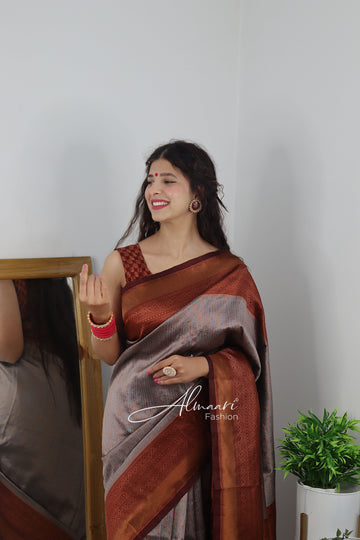 Symmetrical Grey Pure Soft Semi-Silk Saree With Engrossing Maroon Blouse Piece