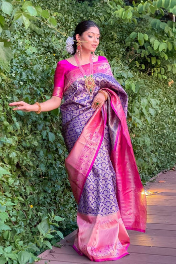 Snazzy Wine Soft Banarasi Silk Saree With Confounding Blouse Piece