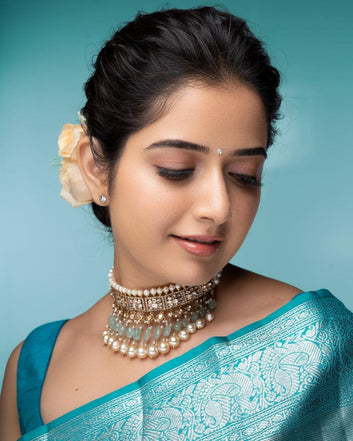 Peach & Firozi Pure Soft Silk Saree With Twirling Blouse Piece