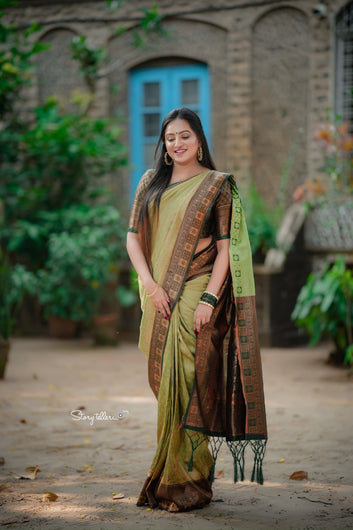 Light Green Soft Semi-Silk Saree With Engrossing Maroon Blouse Piece