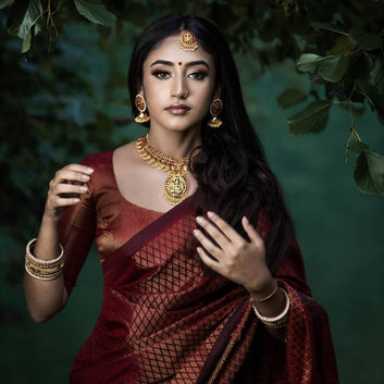 Maroon Semi Silk Saree Weaved With Copper Zari With Attached Heavy Brocade Blouse