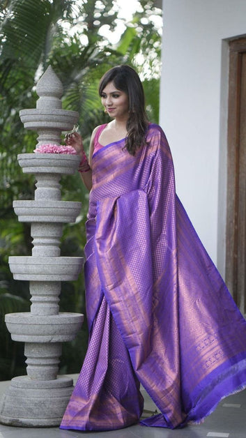 Violet Semi Silk Saree Weaved With Copper Zari With Attached Heavy Brocade Blouse