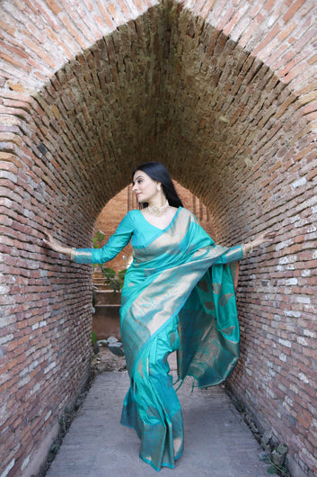 Sea Green Pure Soft Silk Saree With Moiety Blouse Piece