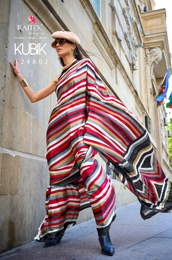 Pure Satin Crape Multi Coloured Printed Saree Comes With Attached Blouse