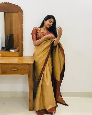 Symmetrical Yellow Pure Soft Silk Saree With Engrossing Blouse Piece
