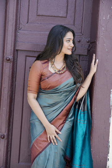 Rama & Maroon Pure Soft Silk Saree With Twirling Blouse Piece
