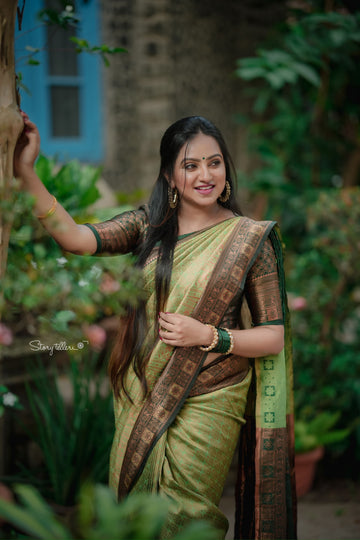Light Green Soft Semi-Silk Saree With Engrossing Maroon Blouse Piece