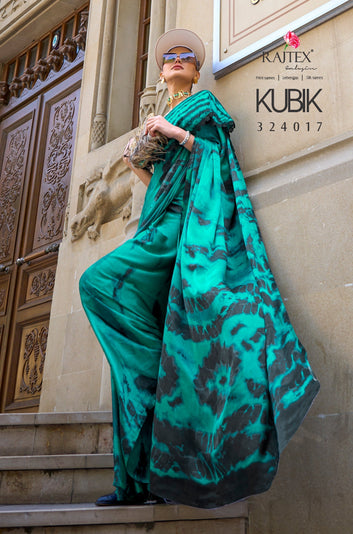 Pure Satin Crape Multi Coloured Printed Saree Comes With Attached Blouse