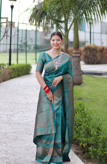 Rama Pure Soft Silk Saree Weaved With Copper Zari With Imbrication Blouse Piece