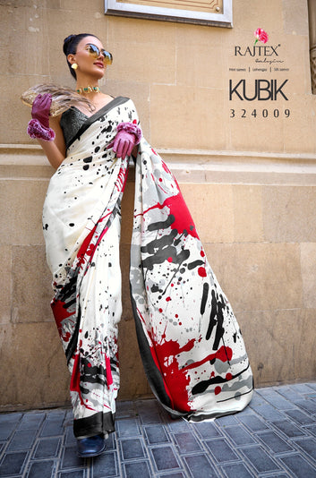 Pure Satin Crape Multi Coloured Printed Saree Comes With Attached Blouse