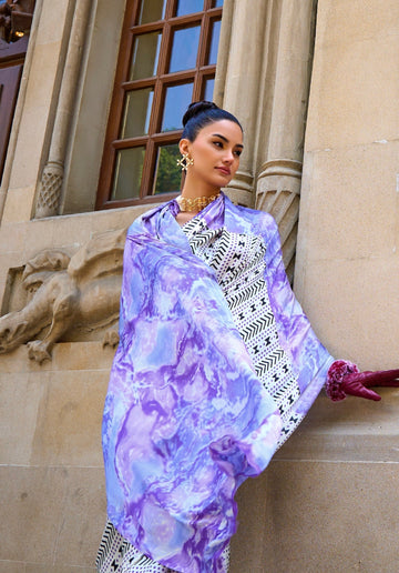 Pure Satin Crape Multi Coloured Printed Saree Comes With Attached Blouse