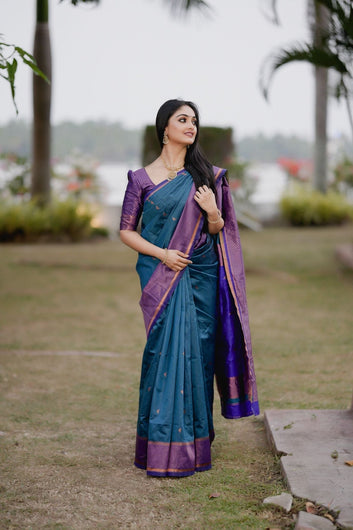 Royal Blue & Rama Dual Tone Pure Soft Semi Silk Saree With Attractive Blouse Piece