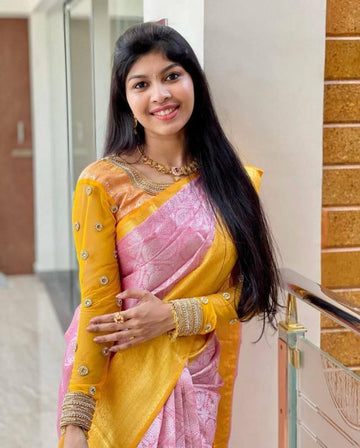 Baby Pink Pure Soft Silk Saree With Twirling Blouse Piece