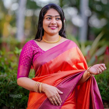 Orange & Pink Pure Soft Silk Saree With Twirling Blouse Piece