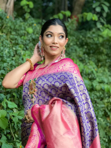 Snazzy Wine Soft Banarasi Silk Saree With Confounding Blouse Piece