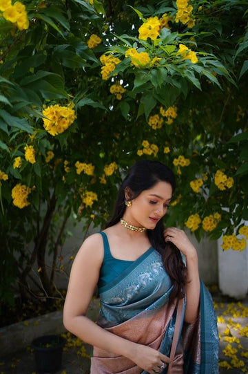 Peach & Firozi  Soft Silk Saree With Attractive Blouse Piece