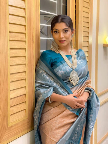 Peach & Firozi Pure Soft Silk Saree With Attractive Blouse Piece