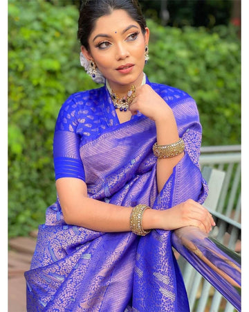 Symmetrical Blue Pure Soft Silk Saree With Engrossing Blouse Piece