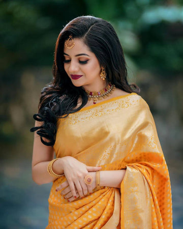 Quintessential Yellow Pure Soft Silk Saree With Magnific Blouse Piece